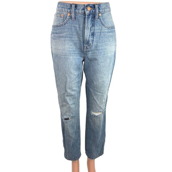Madewell Blue The Perfect Vintage Tapered Rip Knee High Rise Crop Denim Jeans 28 - Picture 1 of 7